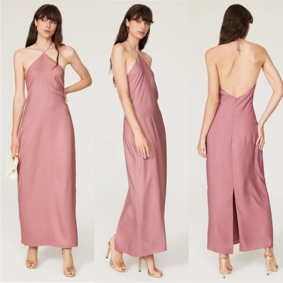Obando Collective- Satin A Line Halter Neck Pink Slip Maxi Dress Slit Size 8 - Picture 1 of 15